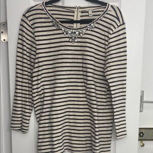 J. Crew Navy and Cream Striped Top with Embellished Neckline
